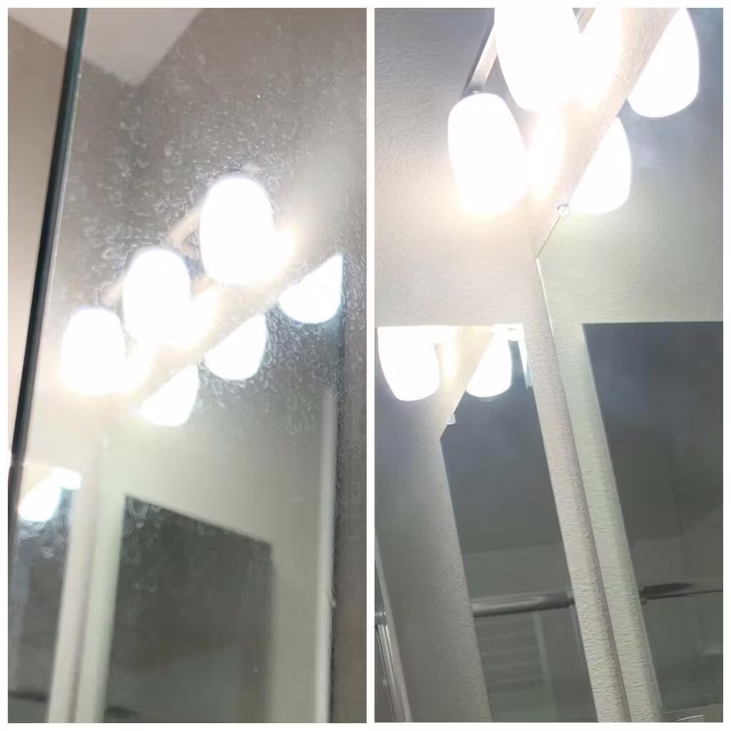 Bathroom vanity mirror, before on the left with hard water spots, after on the right