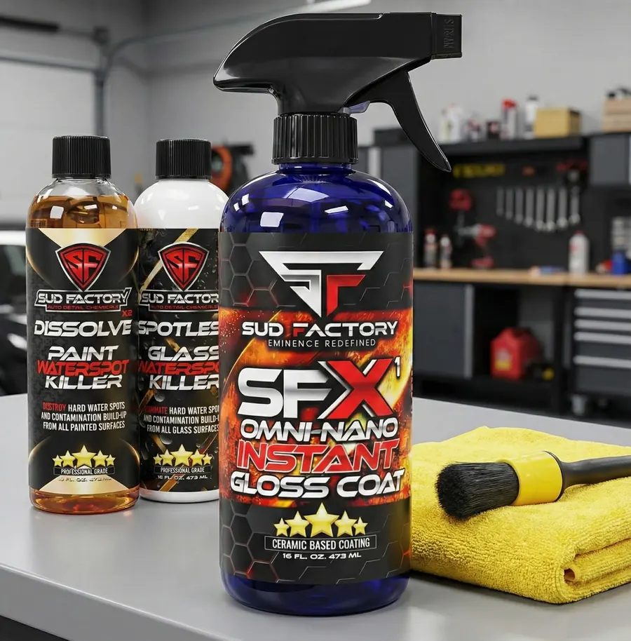 Ultimate Bundle bottles with a microfiber towel in a garage