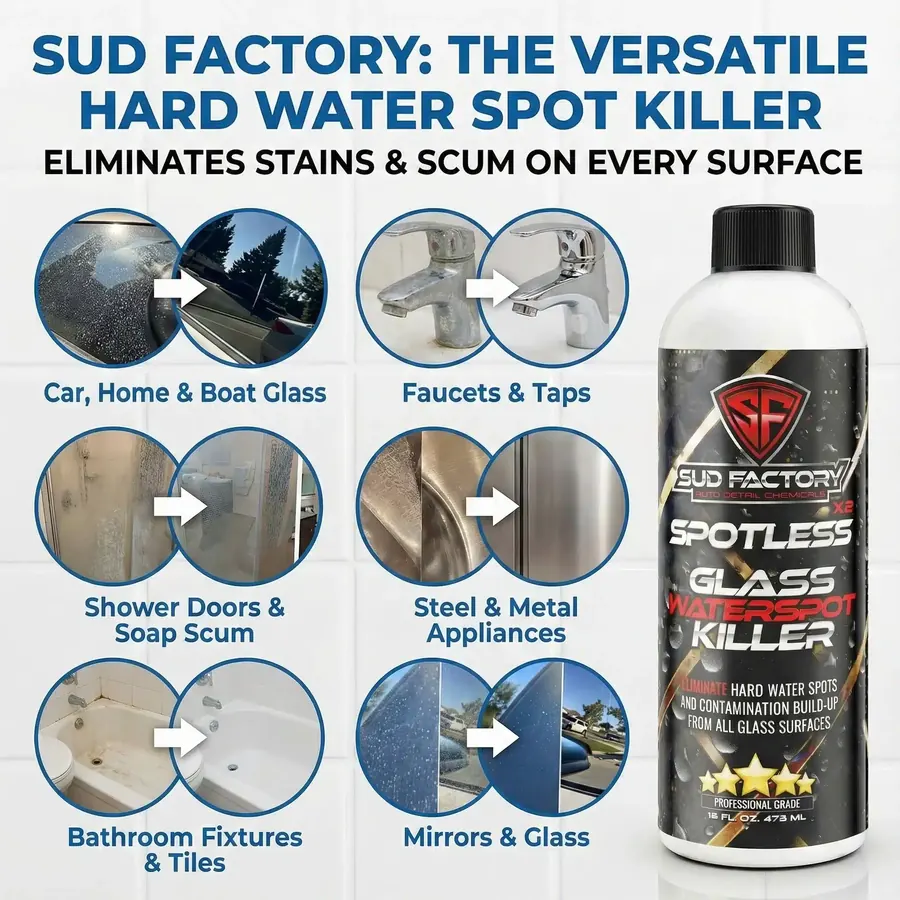 Spotless X2 removes hard water spots from car glass, faucets, shower doors, metal and mirrors
