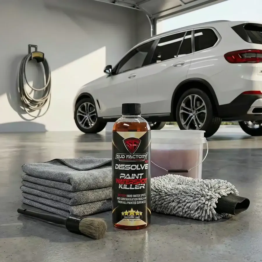 Dissolve X2 bottle with microfiber towels in front of a white SUV