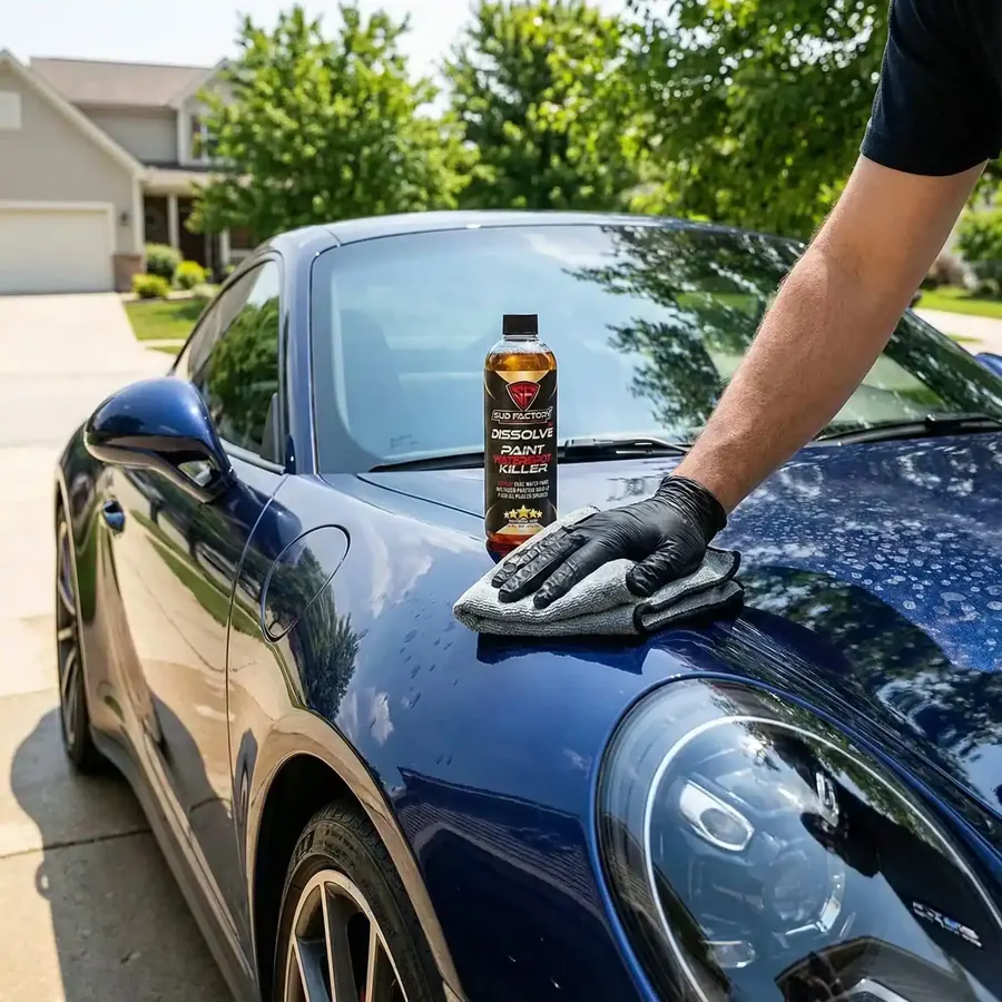 Applying Dissolve X2 to a blue sports car with a microfiber towel