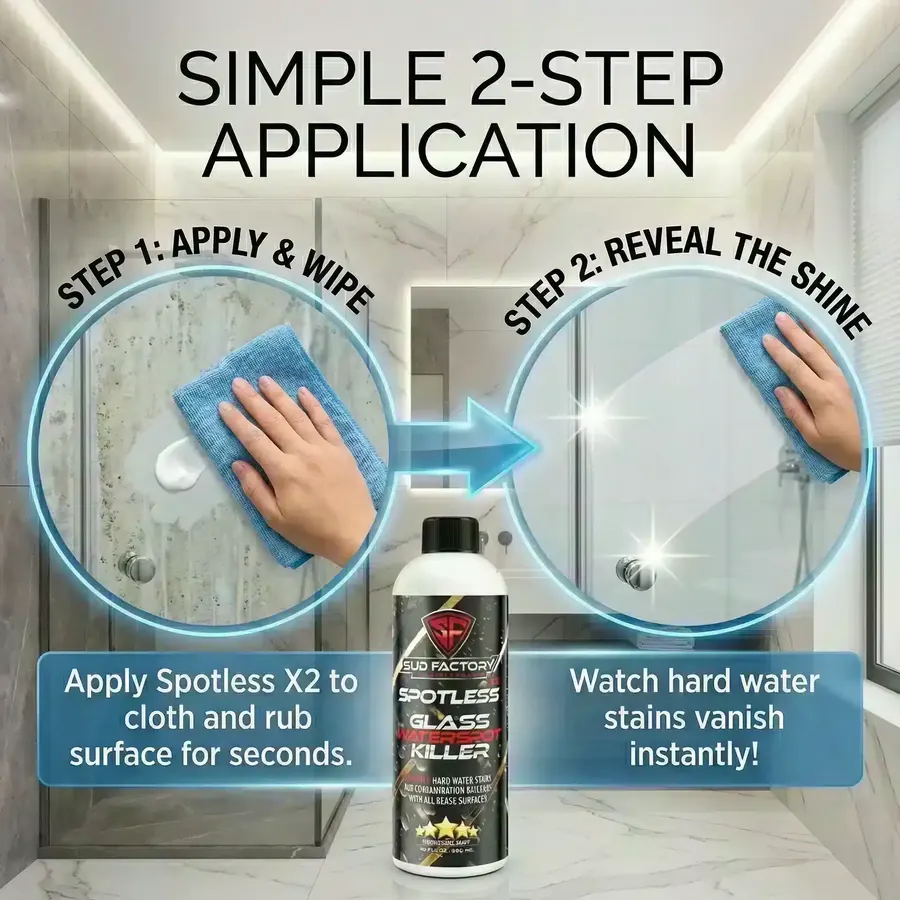 Simple 2-step application: spray Spotless X2 on a cloth, wipe, and reveal the shine