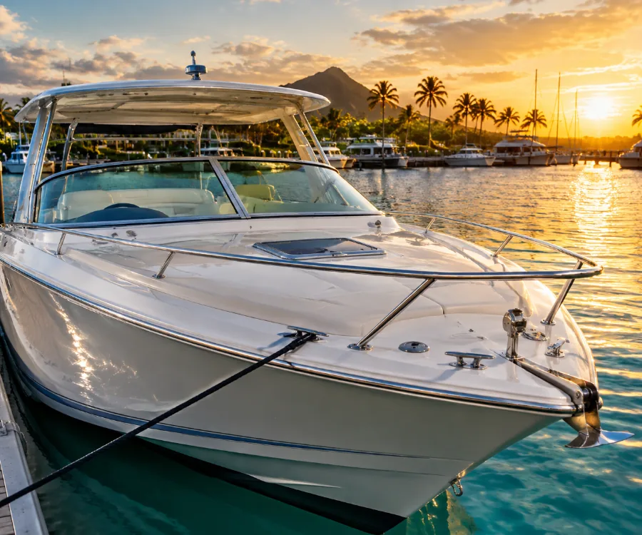 White boat with a clear windshield and shiny chrome in a marina