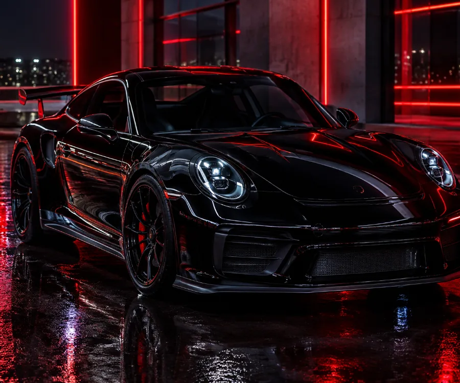 Glossy black car with crystal-clear glass and spotless paint