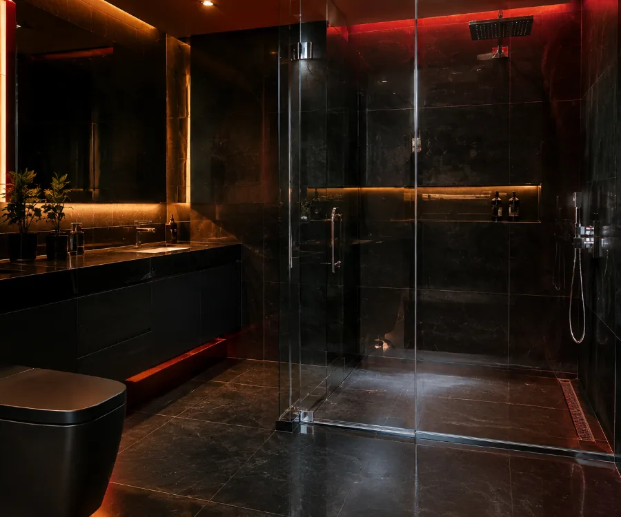 Crystal-clear glass shower door in a modern bathroom