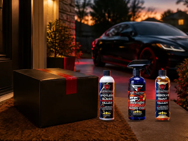 Sud Factory bottles delivered to a front porch next to the shipping box