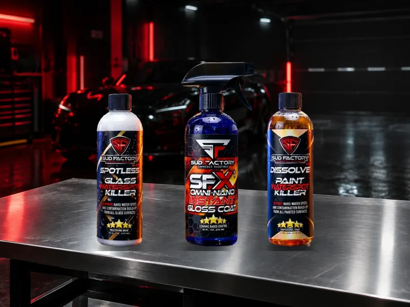 Sud Factory Spotless X2, SFX1 and Dissolve X2 on a professional detailing shop workbench