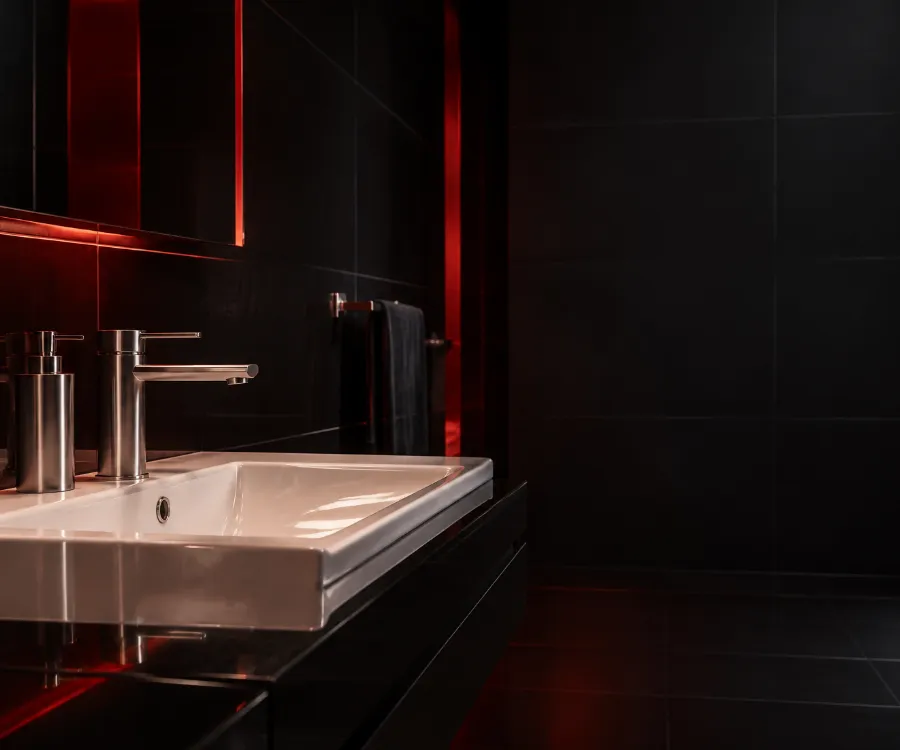 Clean porcelain sink, metal faucet and glossy tile