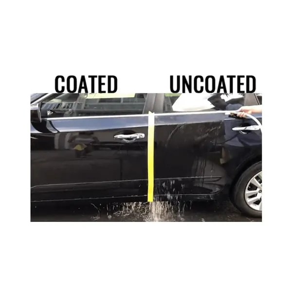Coated and uncoated halves of a black car door in a water test